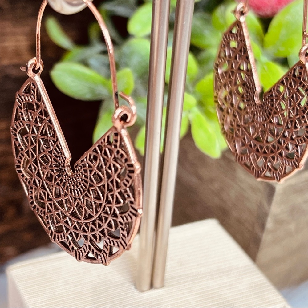 BOHO EARRINGS Open filigree FAN earrings Rose Gold Hoop versatile Southwestern - Picture 7 of 8